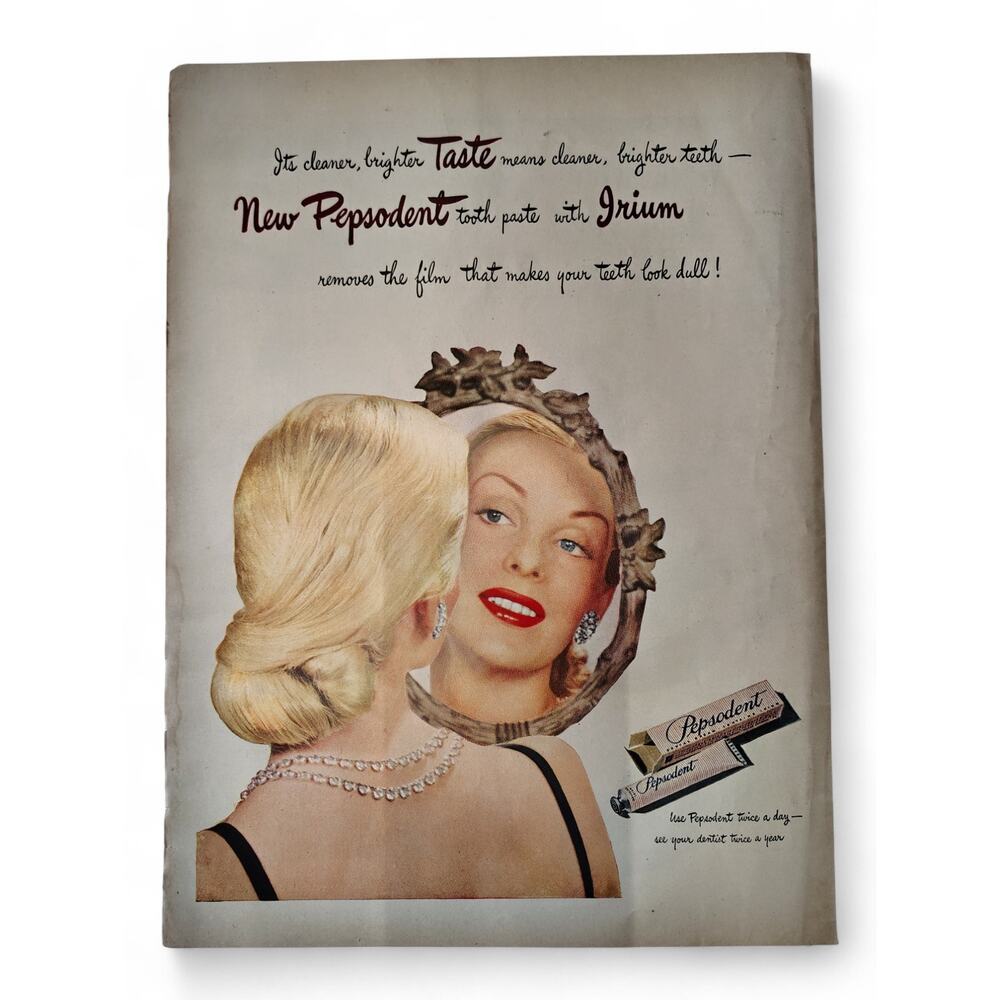 1946 Pepsodent‎ Print Ad Beautiful Woman Mirror Reflection Toothpaste Ephemera